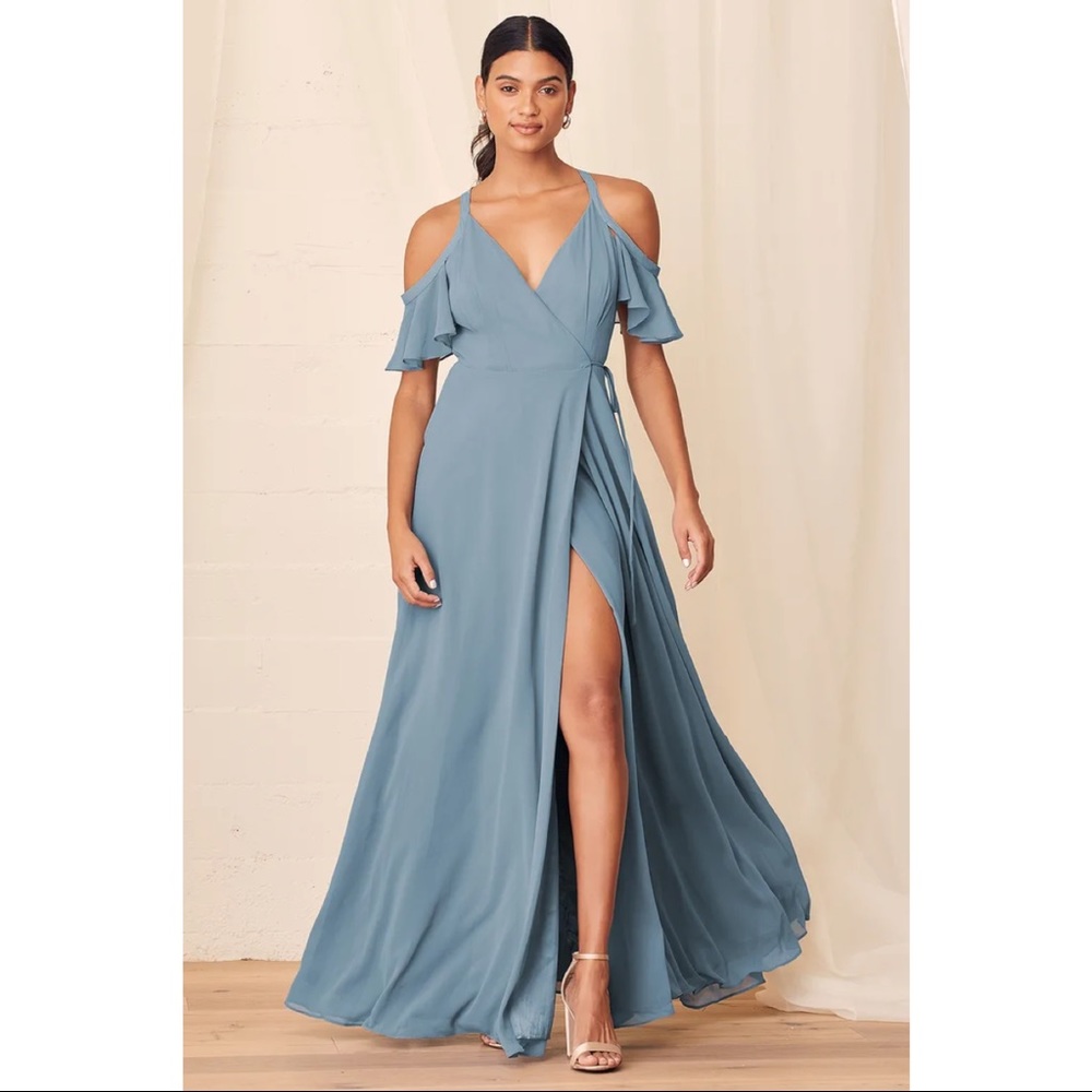 Lulu’s Easy Listening Slate Blue Cold-Shoulder Wrap Maxi Dress Bridesmaid